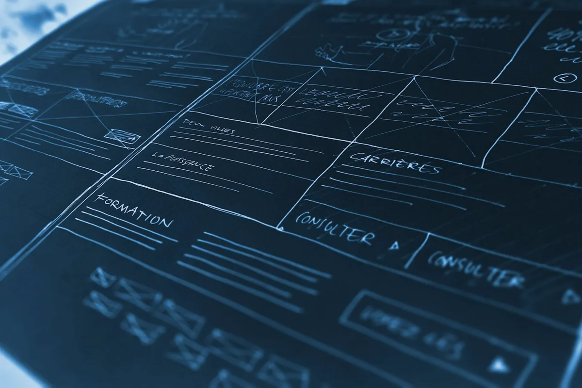 Blue technical sketch of a floor plan with service markings
